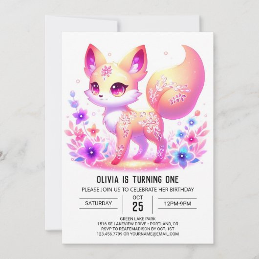 Invitation Simple Forest Fox Pastel 1er anniversaire (Devant)