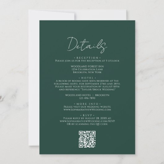 Invitation Simple Forest Green Border Script Code QR Mariage (Dos)