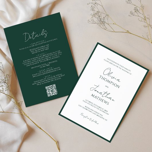 Invitation Simple Forest Green Border Script Code QR Mariage