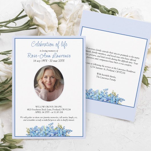 Invitation Simple Forget-me-nots Photo Memorial Service