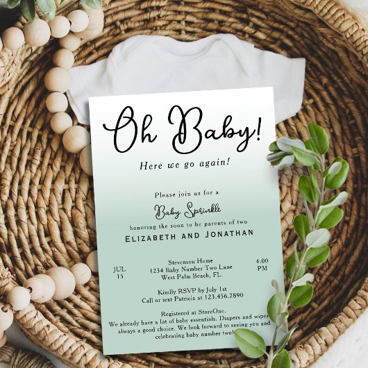 Invitation Simple Funny Oh Bébé Vert Sauge 2ème Baby Sprinkle