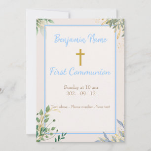 Invitation simple garçon croix dorée florale