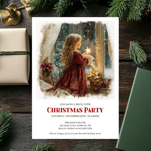 Invitation Simple girl awaits Santa editable Christmas invite
