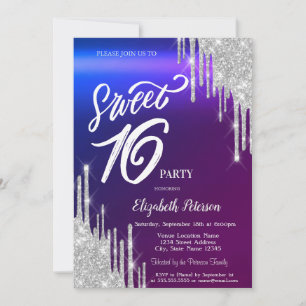 Invitation Simple Glitter Argent Gouttes Dégradé Douce 16