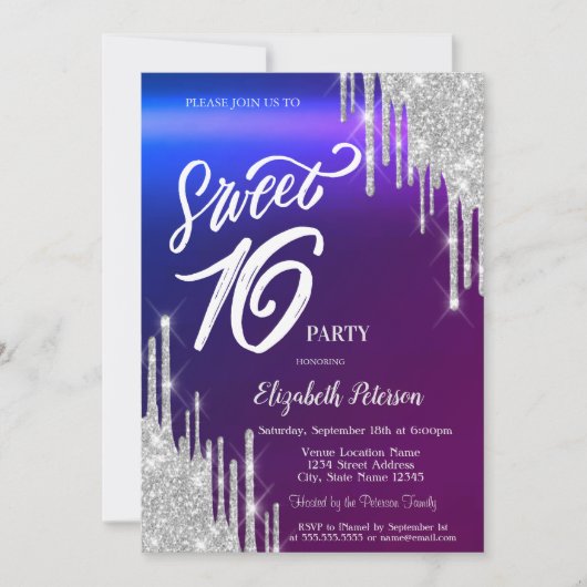 Invitation Simple Glitter Argent Gouttes Dégradé Douce 16 (Devant)