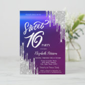 Invitation Simple Glitter Argent Gouttes Dégradé Douce 16 (Debout devant)