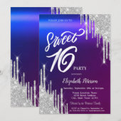 Invitation Simple Glitter Argent Gouttes Dégradé Douce 16 (Devant / Derrière)