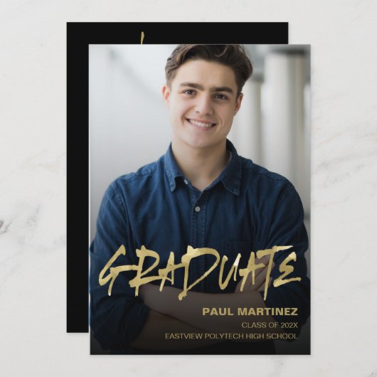 Invitation Simple Gold Black Photo Graduation Part (Devant / Derrière)