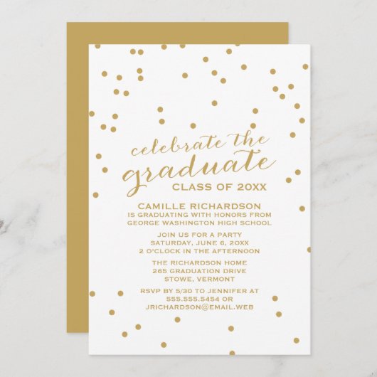 Invitation Simple Gold Confetti Graduation Party (Devant / Derrière)