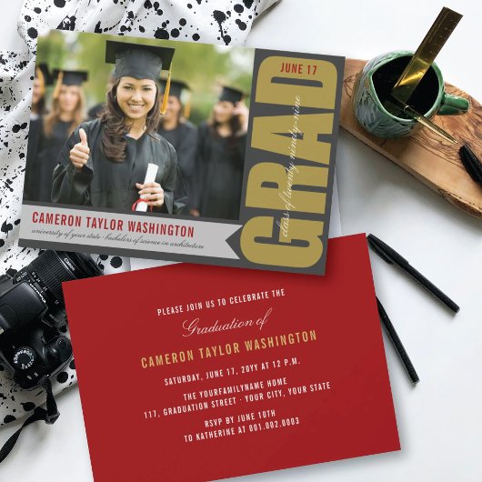 Invitation Simple Gold GRAD superposition moderne Graduation