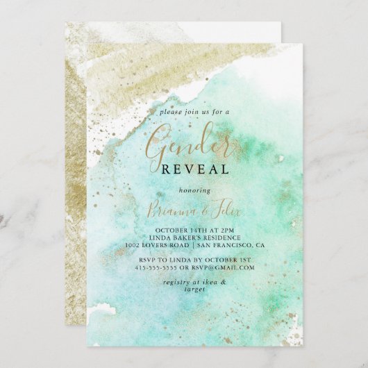 Invitation Simple Gold Green Minimalist Genre Reveval Party (Devant / Derrière)
