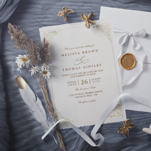 Invitation Simple Gold Minimalis Elegant Chic QR Code Wedding