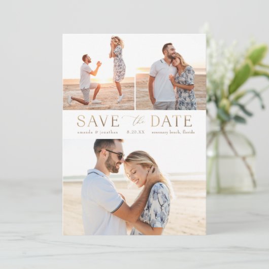 Invitation Simple Gold Multiphoto Enregistrer la date (Debout devant)