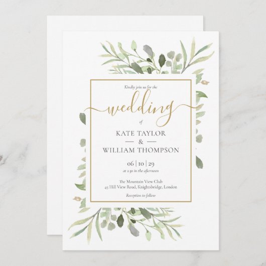 Invitation Simple Gold Script Mariage Feuille de verdure (Devant / Derrière)
