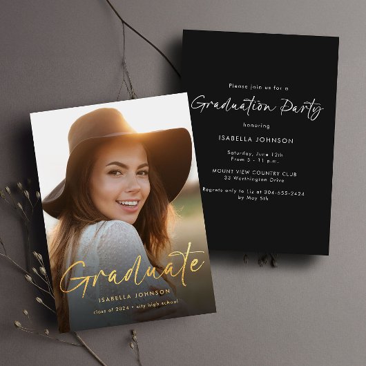 Invitation Simple Gold Script Photo Graduation Party