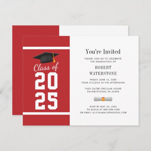 Invitation Simple Graduation 2023 Moderne Rouge Blanc (Devant / Derrière)