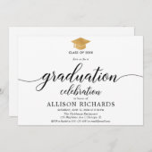 Invitation Simple graduation, or blanc calligraphie moderne (Devant / Derrière)