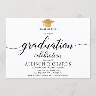 Invitation Simple graduation, or blanc calligraphie moderne