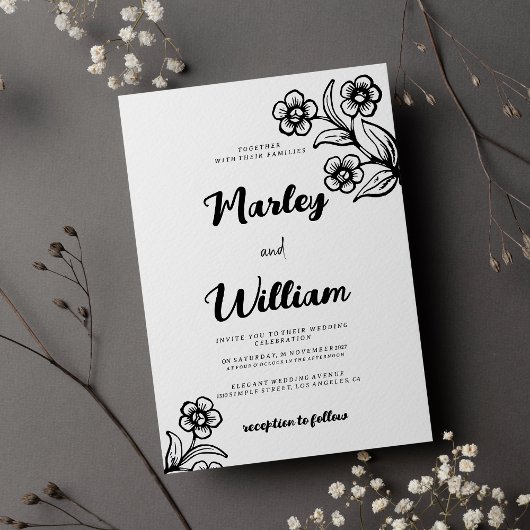Invitation Simple gras noir typographie Mariage floral