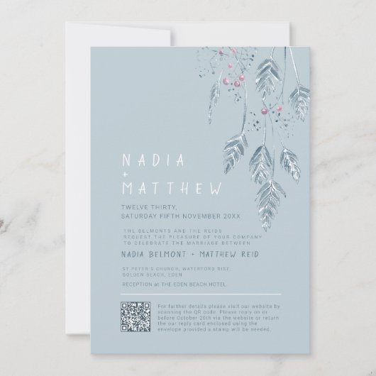 Invitation Simple grass and berries dusty blue sketch photo (Devant)