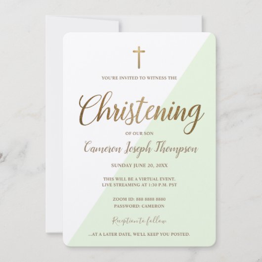 Invitation Simple Green Gold Cross Virtual Baby Christening (Devant)