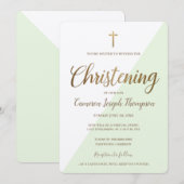Invitation Simple Green Gold Cross Virtual Baby Christening (Devant / Derrière)