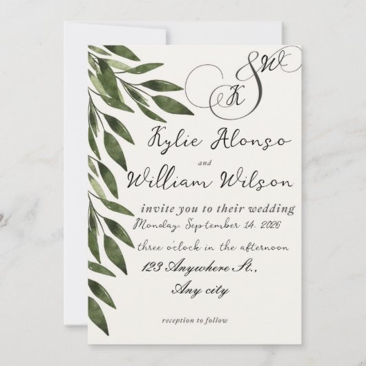 Invitation Simple green leaves for wedding (Devant)