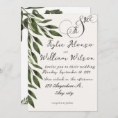 Invitation Simple green leaves for wedding (Devant / Derrière)