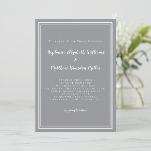 Invitation Simple Gris & Blanc Mariage Moderne Chic Minimalis (Debout devant)