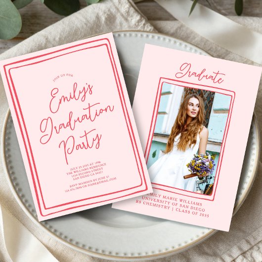 Invitation Simple Hand Drawn Graduation Party Photo Pink
