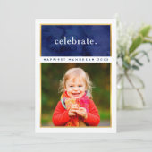 Invitation SIMPLE HANOUKKA célèbre photo carré or marine (Debout devant)