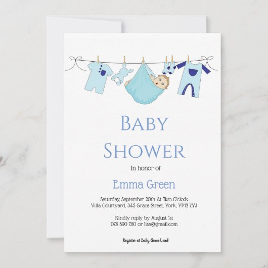Invitation Simple illustration bleue Baby shower garçon (Devant)