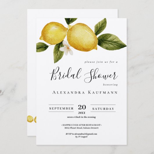 Invitation Simple Italia Lemon Calligraphy Fête des mariées (Devant / Derrière)