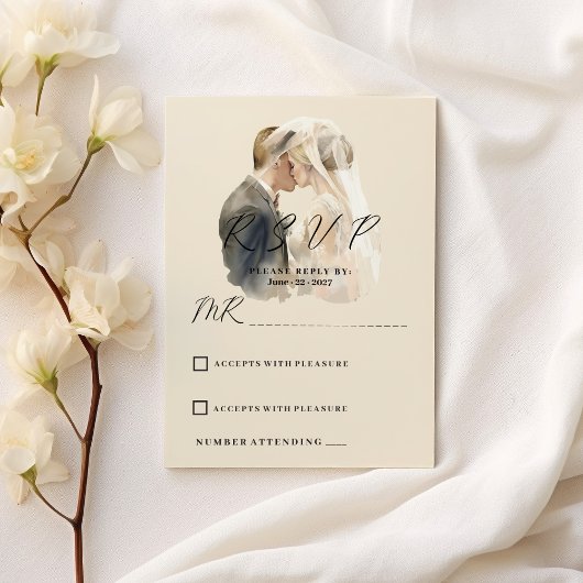 Invitation Simple ivoire gris blanc photo de couple RSVP