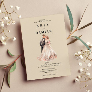 Invitation Simple ivoire rose couple photo Mariage