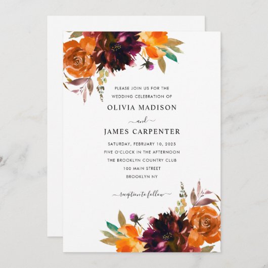 Invitation Simple jaune violet bordeaux Mariage de automne fl (Devant / Derrière)