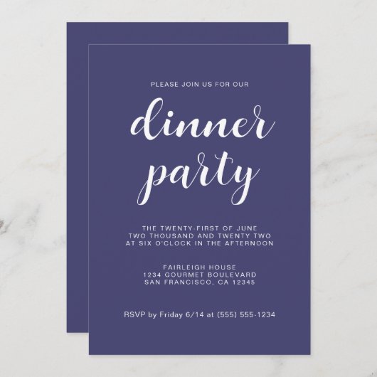 Invitation Simple Jeu Chic Navy Blue Dinner Party (Devant / Derrière)