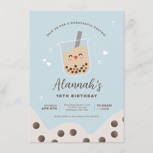 Invitation Simple Kawaii Boba Bubble Lait Thé Bleu Anniversai (Devant)