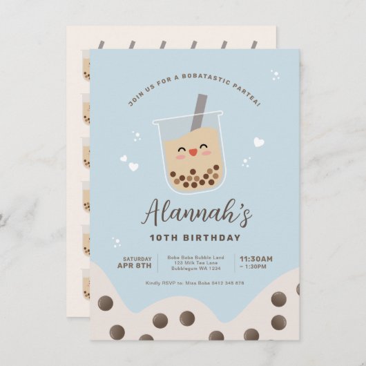 Invitation Simple Kawaii Boba Bubble Lait Thé Bleu Anniversai (Devant / Derrière)