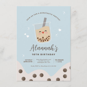 Invitation Simple Kawaii Boba Bubble Lait Thé Bleu Anniversai