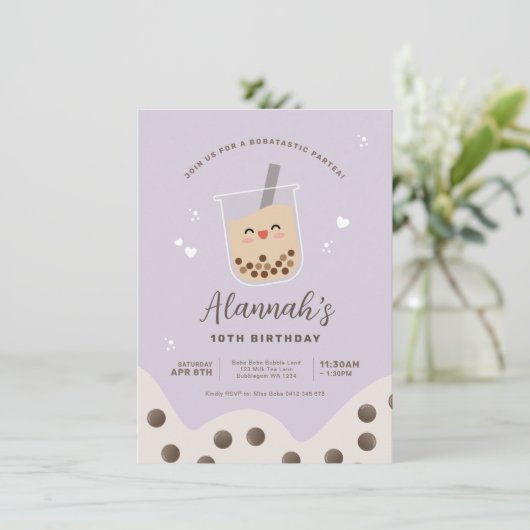 Invitation Simple Kawaii Boba Bubble Milk Tea Purple Annivers (Debout devant)