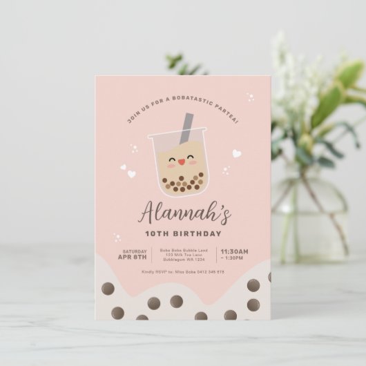 Invitation Simple Kawaii Boba Bubble Milk Tea rose Anniversai (Debout devant)