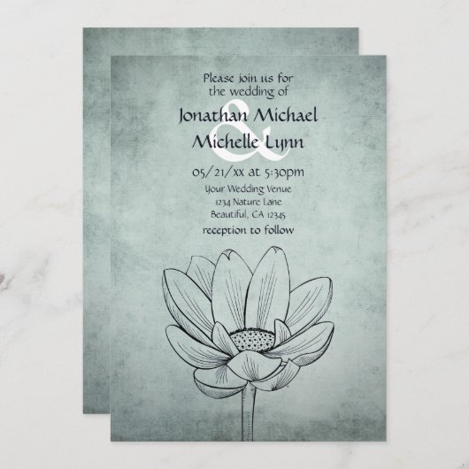 Invitation Simple Lotus Flower Dusty Blue Mariage Turquoise (Devant / Derrière)