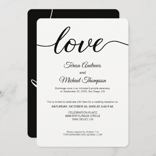 Invitation Simple Love Script Elopement Mariage Réception (Devant / Derrière)
