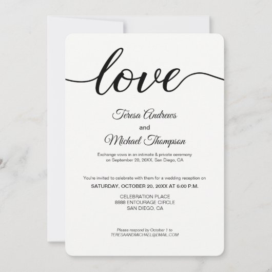 Invitation Simple Love Script Elopement Mariage Réception (Devant)