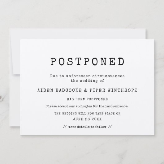 Invitation simple machine à écrire mariage reporté (Devant)