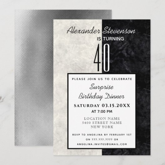 Invitation Simple Marbre Noir et Blanc pour 40e Anniversaire (Devant / Derrière)
