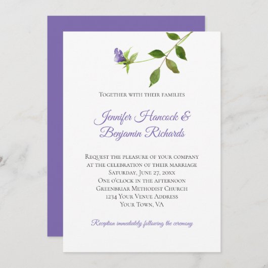 Invitation Simple Mariage à feuilles vertes en fleurs violett (Devant / Derrière)