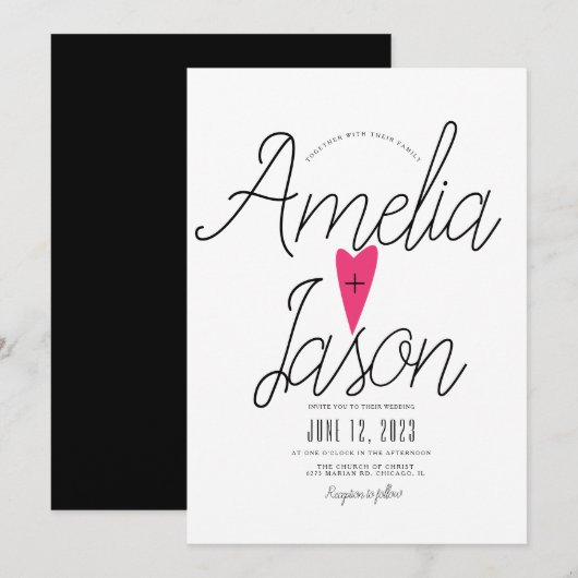 Invitation Simple Mariage à Typographie Rose et Blanche et No (Devant / Derrière)