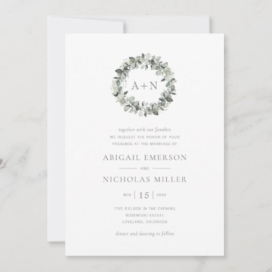 Invitation Simple Mariage Aquarelle Eucalyptus (Devant)